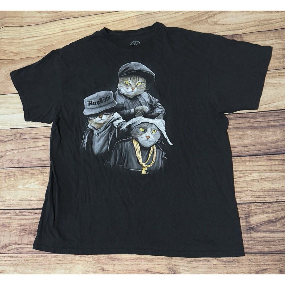 The Hug Life Cat T Shirt By ODM Size XL Black Short Sleeve Cat Rapper Trio